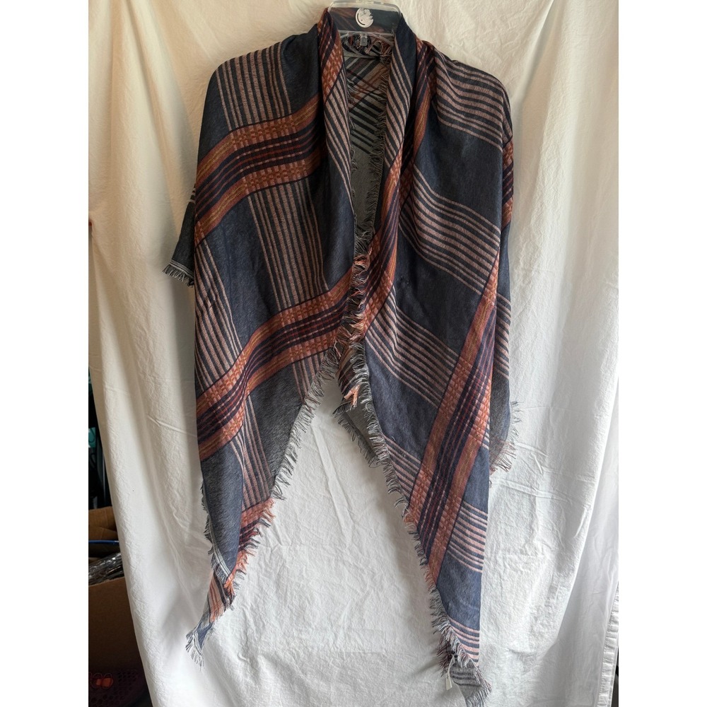 Navy Blue and Rust Orange Plaid Oversized Square Scarf with Frayed Edges Shawl